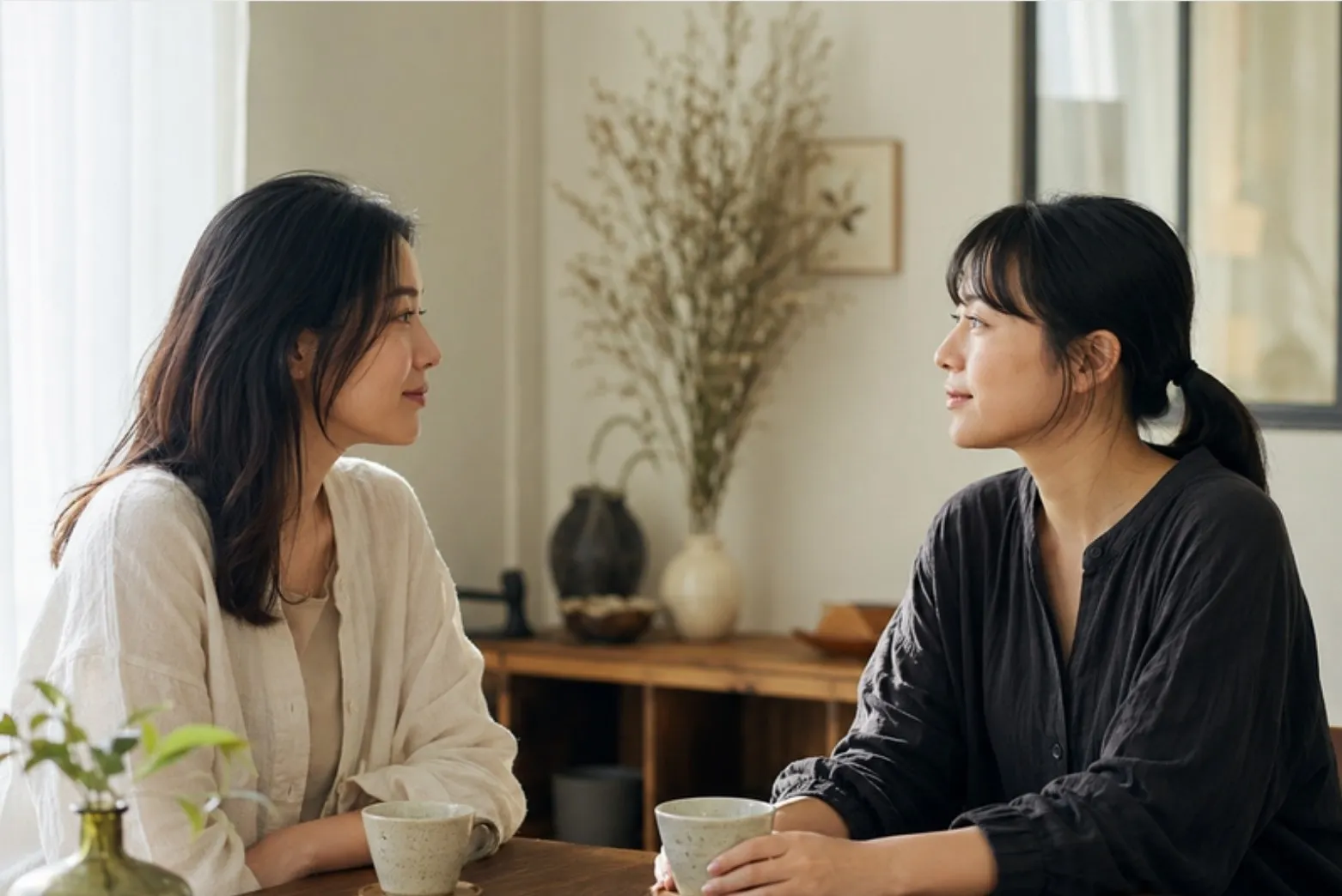 兩位女子隔著木桌對坐，捧著茶杯安靜地交談