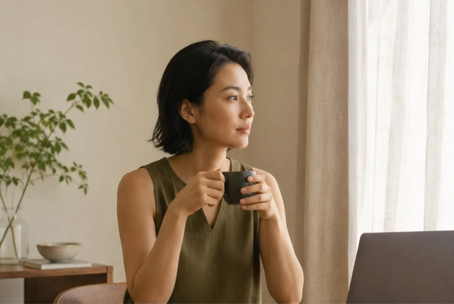 女子坐在窗邊的工作桌前，雙手捧著杯子望向窗外